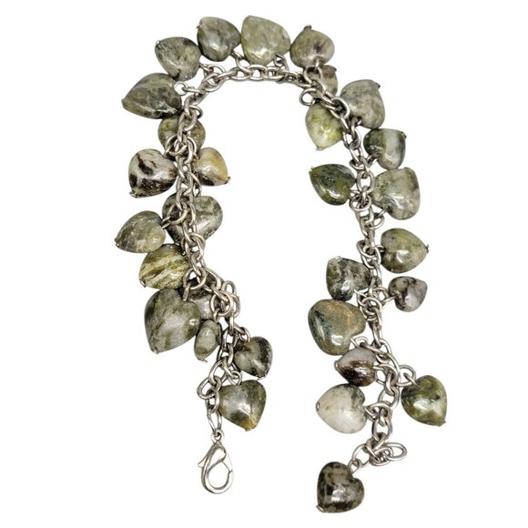 Jadeite Heart Dangling Charm Bracelet Silver Tone Oval Link Chain Adjustable 8" - Picture 7 of 13